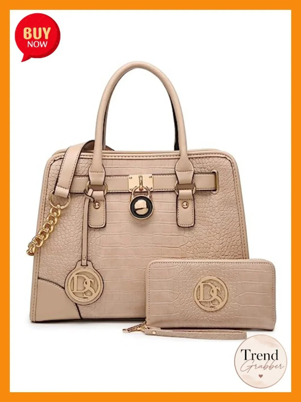 Vegan Leather Satchel 2-Piece Set with Tassel and Chain Strap